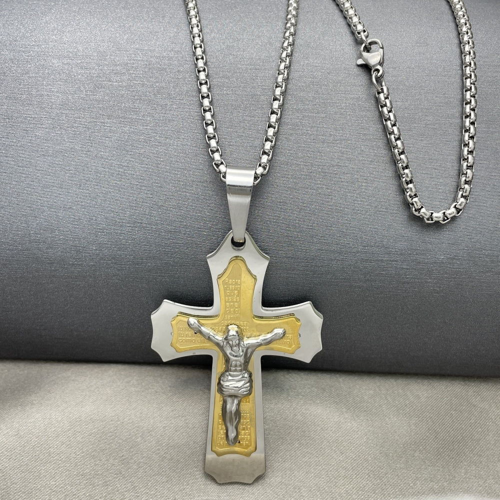 Stainless Steel Pendant Necklace, Crucifix Design, Polished, Two Tone