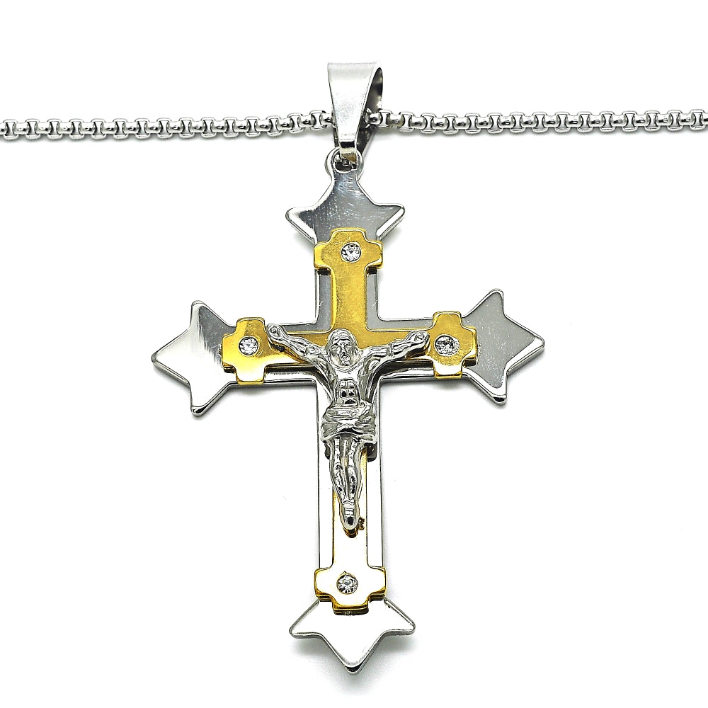 Stainless Steel Pendant Necklace, Crucifix Design, with White Cubic Zirconia, Polished, Two Tone