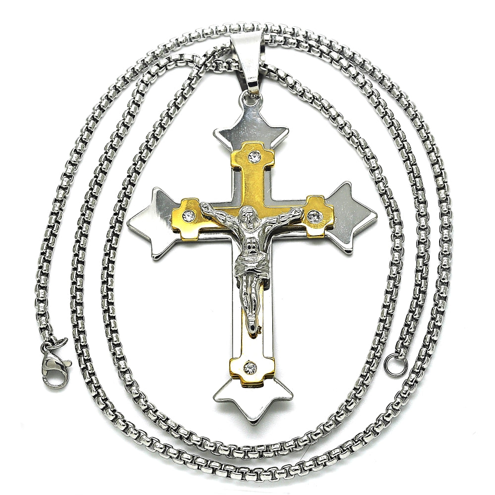 Stainless Steel Pendant Necklace, Crucifix Design, with White Cubic Zirconia, Polished, Two Tone
