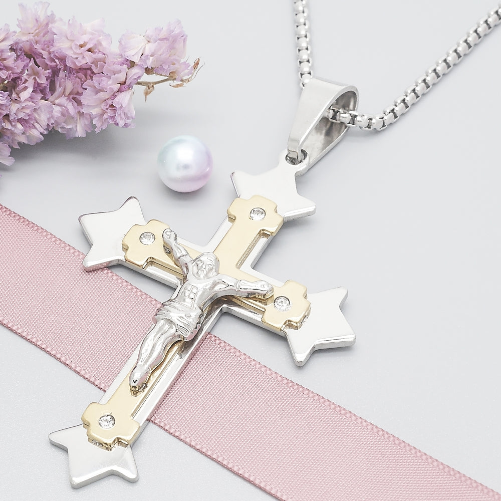 Stainless Steel Pendant Necklace, Crucifix Design, with White Cubic Zirconia, Polished, Two Tone