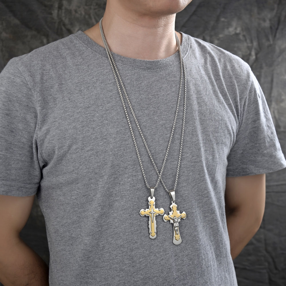 Stainless Steel Pendant Necklace, Cross Design, Polished, Two Tone