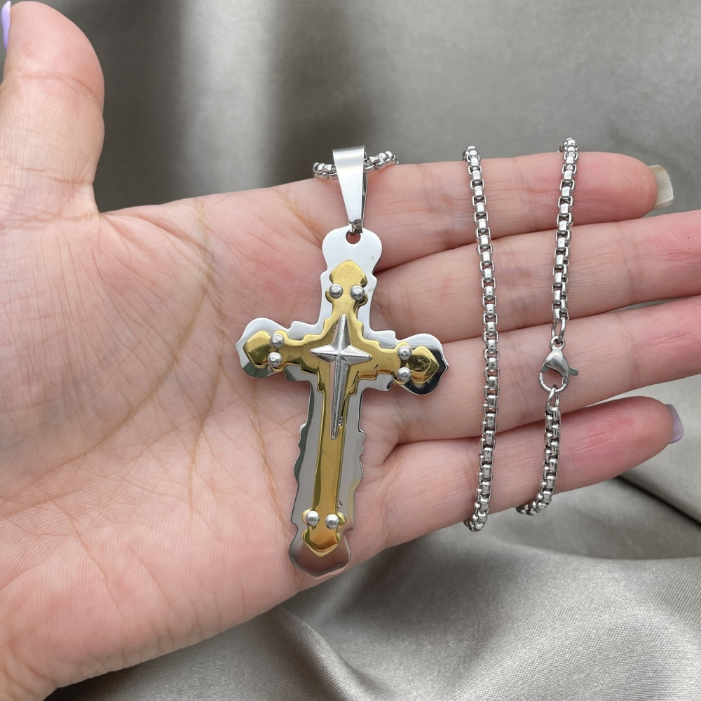 Stainless Steel Pendant Necklace, Cross Design, Polished, Two Tone