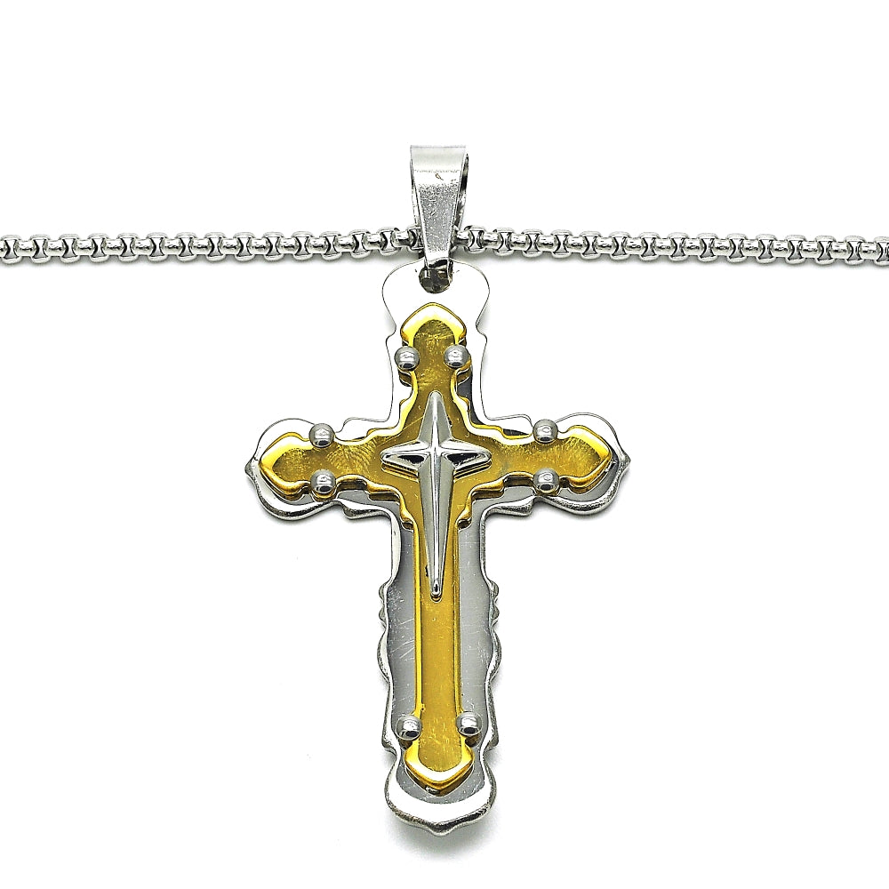 Stainless Steel Pendant Necklace, Cross Design, Polished, Two Tone