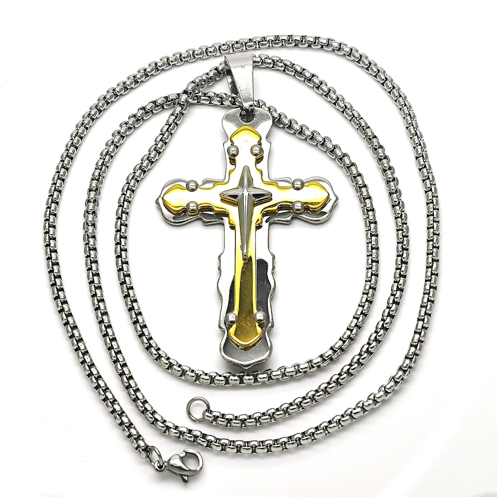 Stainless Steel Pendant Necklace, Cross Design, Polished, Two Tone