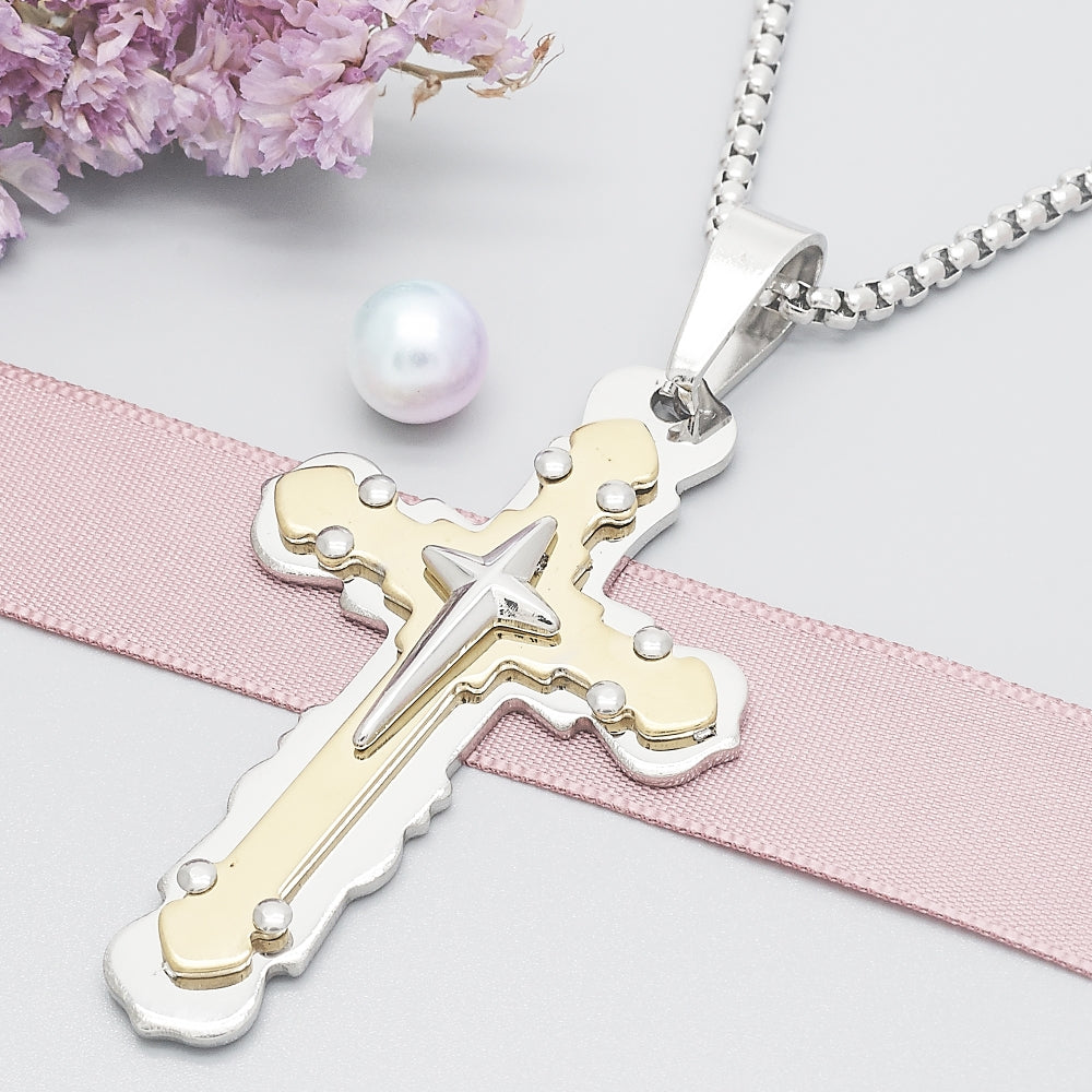 Stainless Steel Pendant Necklace, Cross Design, Polished, Two Tone