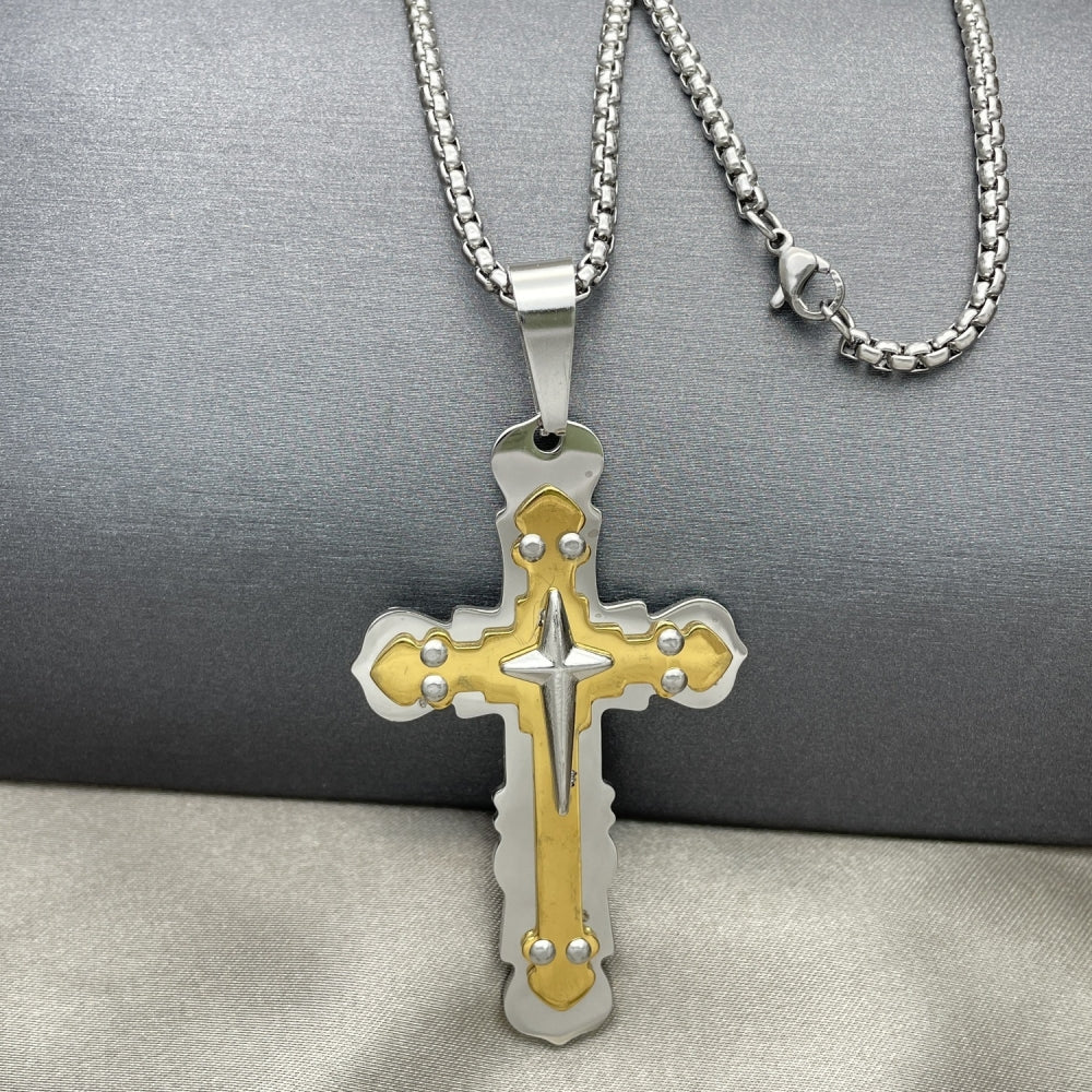 Stainless Steel Pendant Necklace, Cross Design, Polished, Two Tone