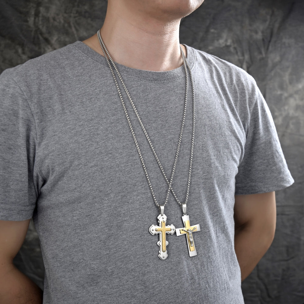 Stainless Steel Pendant Necklace, Crucifix Design, Polished, Two Tone