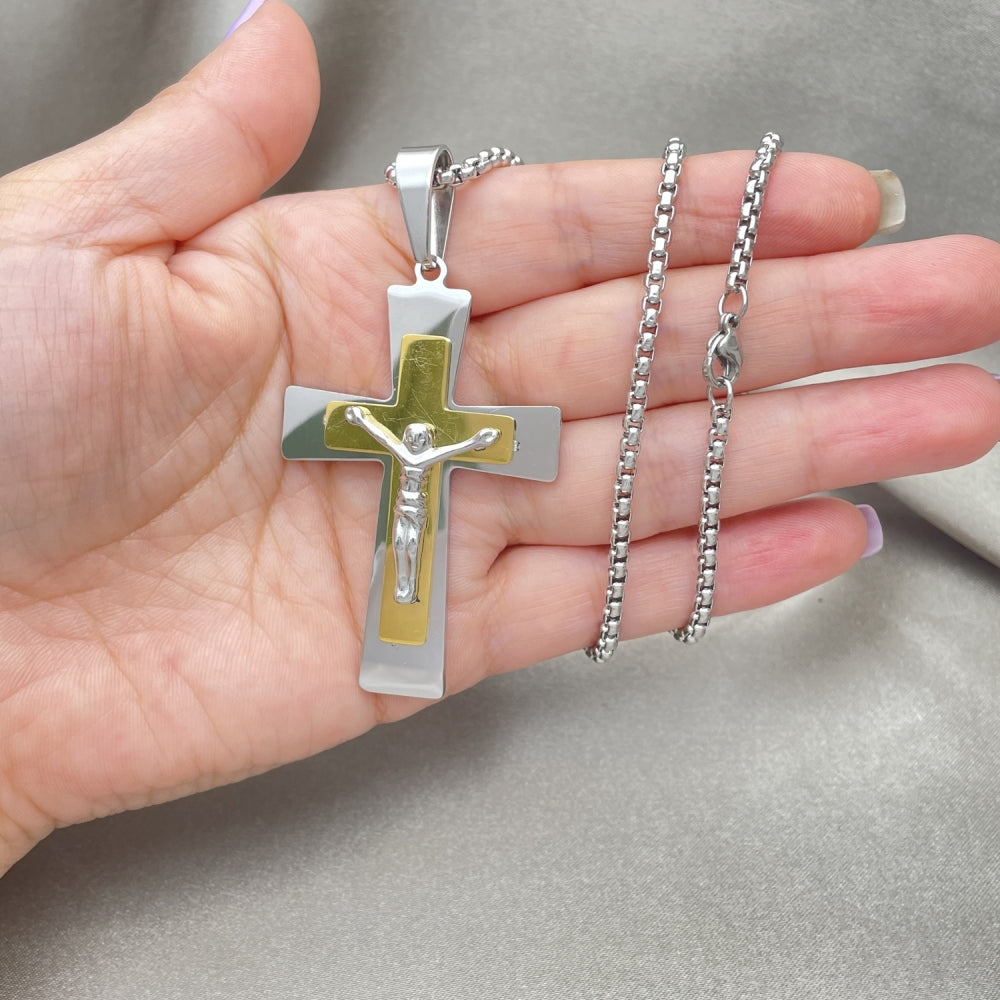 Stainless Steel Pendant Necklace, Crucifix Design, Polished, Two Tone