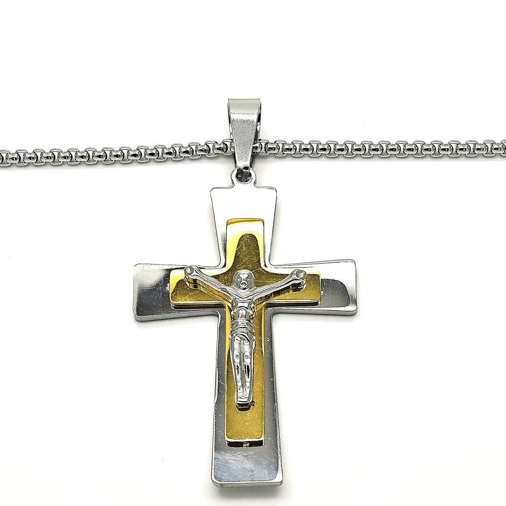 Stainless Steel Pendant Necklace, Crucifix Design, Polished, Two Tone