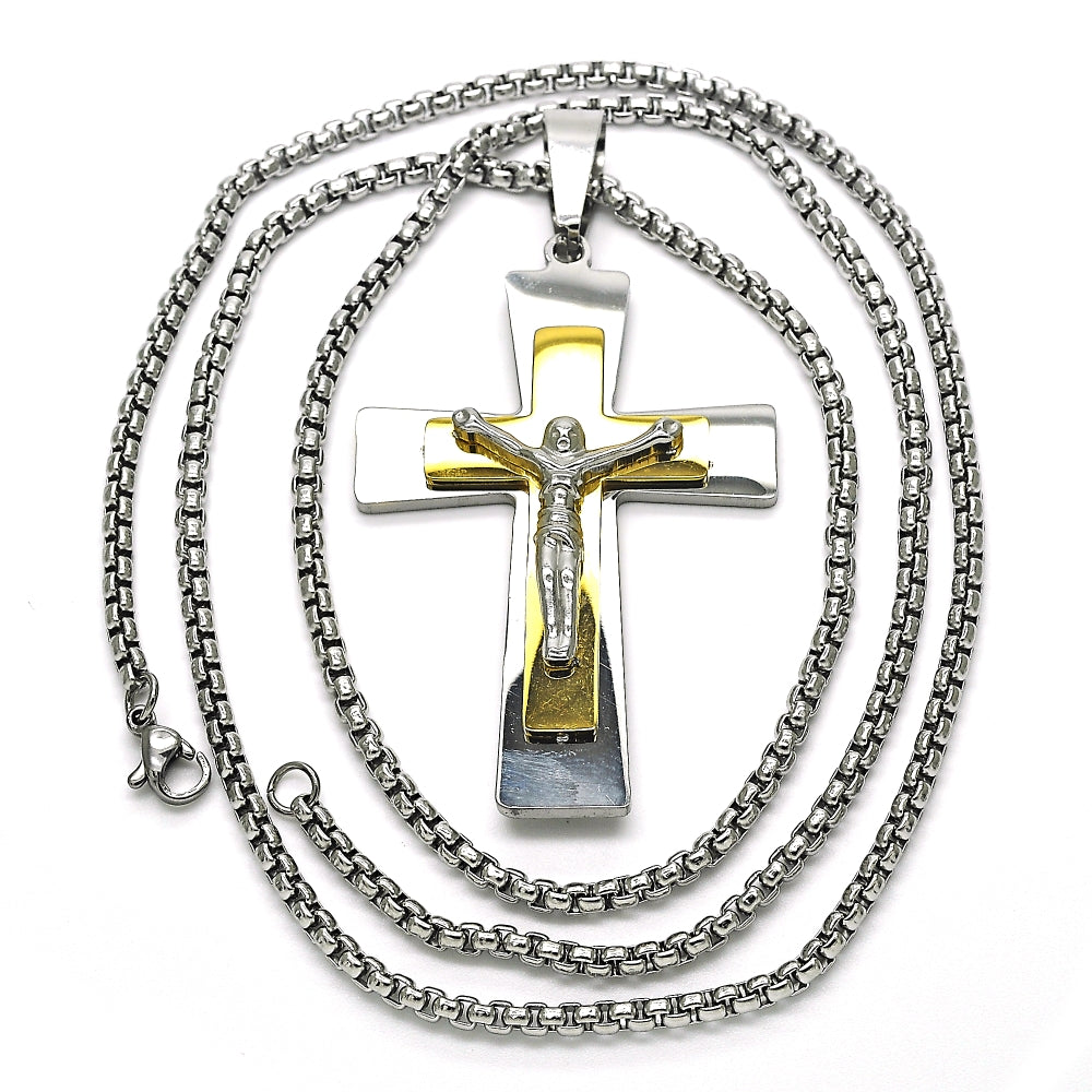 Stainless Steel Pendant Necklace, Crucifix Design, Polished, Two Tone