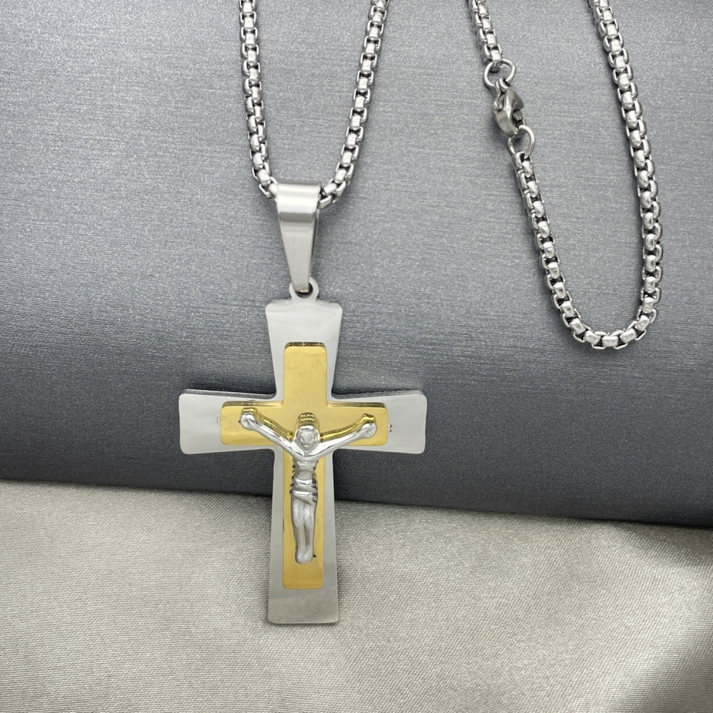 Stainless Steel Pendant Necklace, Crucifix Design, Polished, Two Tone