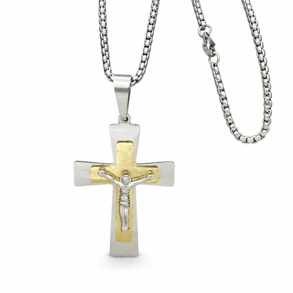 Stainless Steel Pendant Necklace, Crucifix Design, Polished, Two Tone