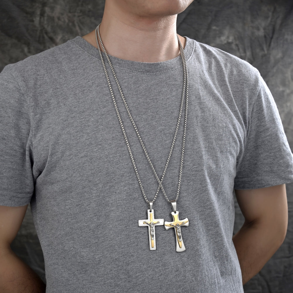 Stainless Steel Pendant Necklace, Crucifix Design, Polished, Two Tone