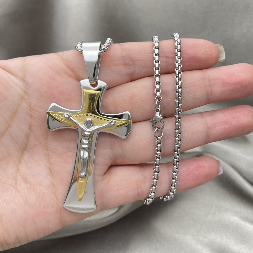 Stainless Steel Pendant Necklace, Crucifix Design, Polished, Two Tone