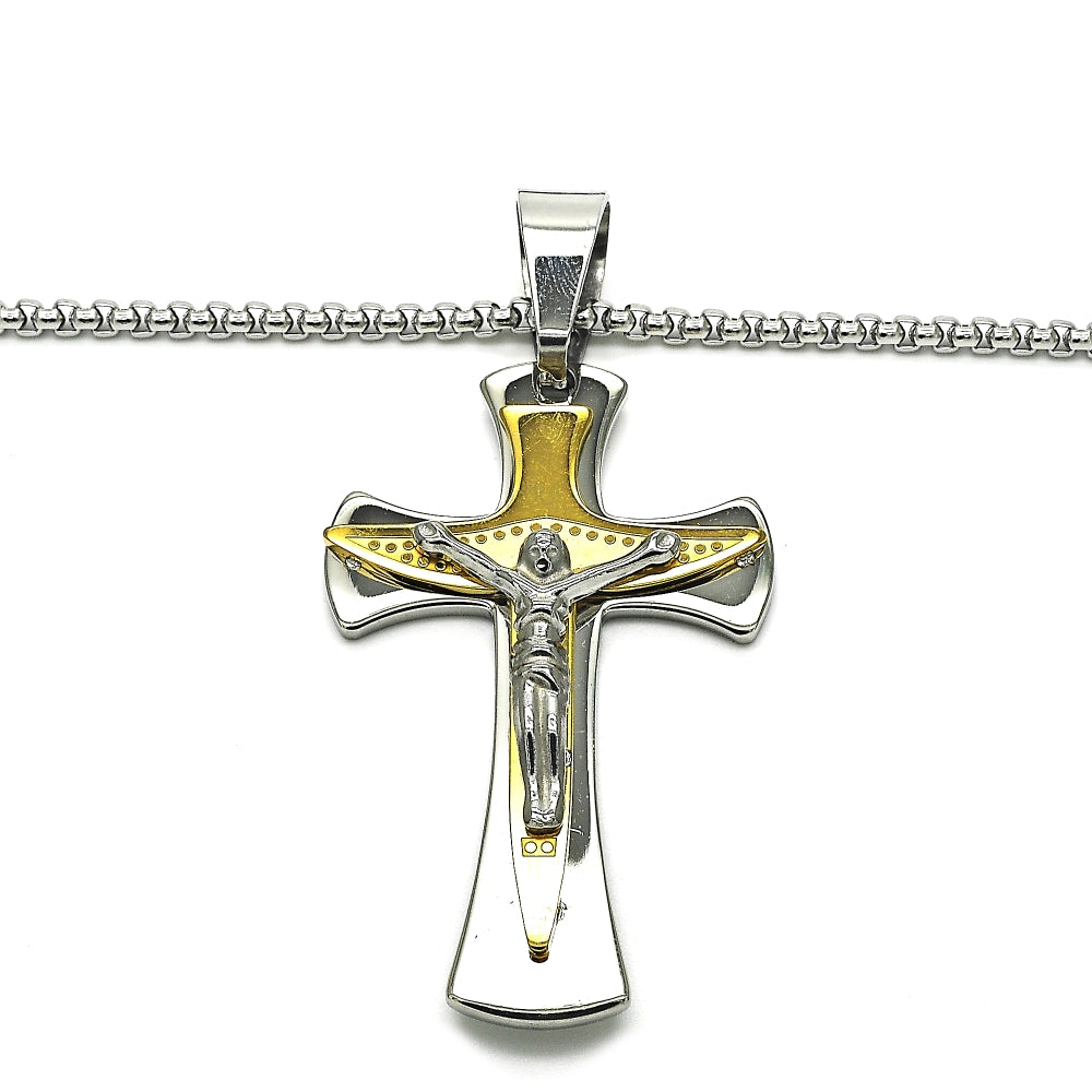 Stainless Steel Pendant Necklace, Crucifix Design, Polished, Two Tone
