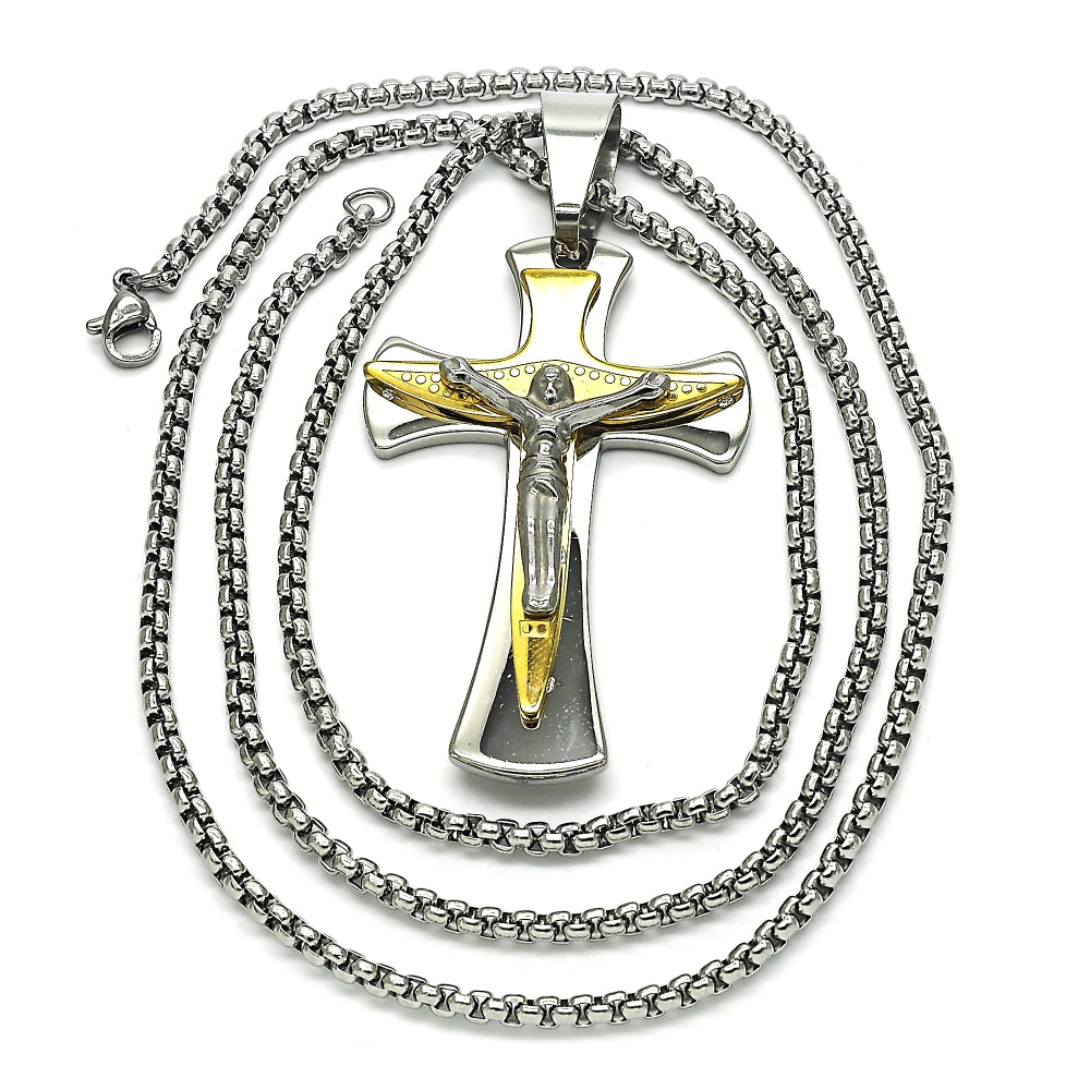 Stainless Steel Pendant Necklace, Crucifix Design, Polished, Two Tone