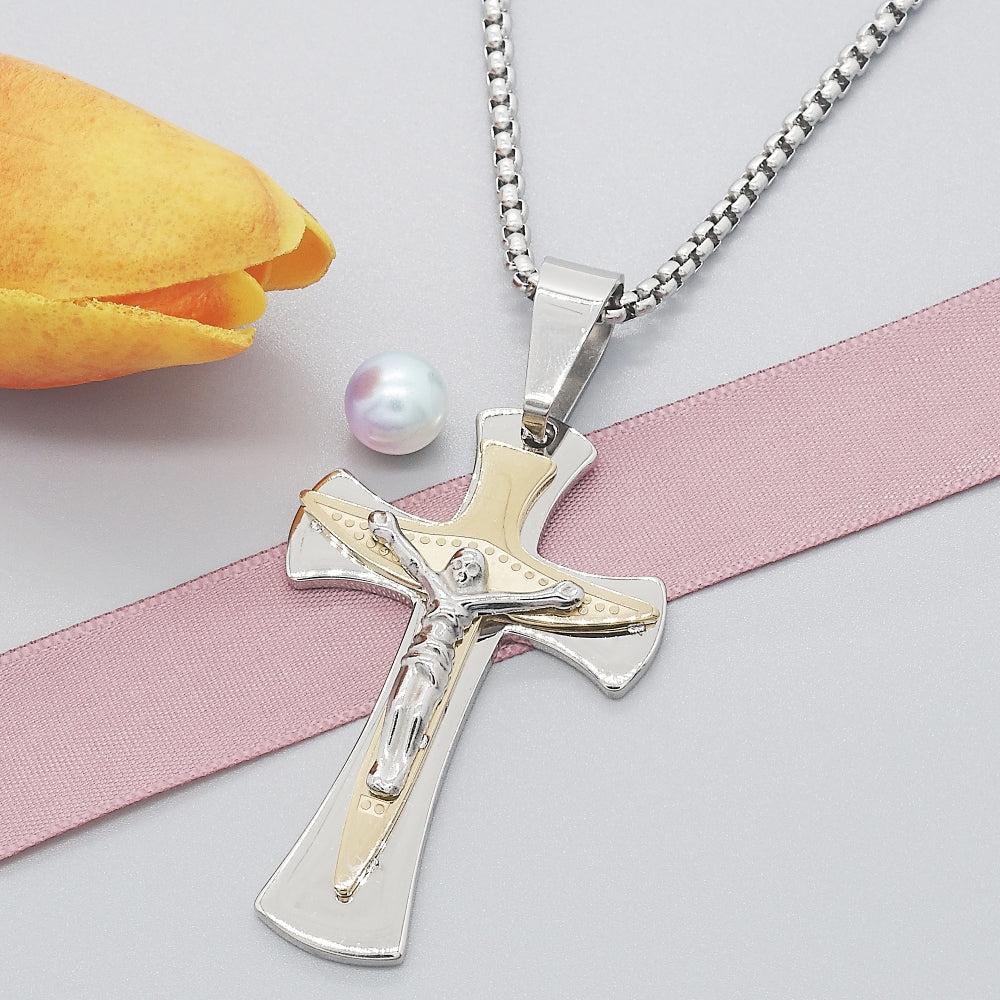 Stainless Steel Pendant Necklace, Crucifix Design, Polished, Two Tone
