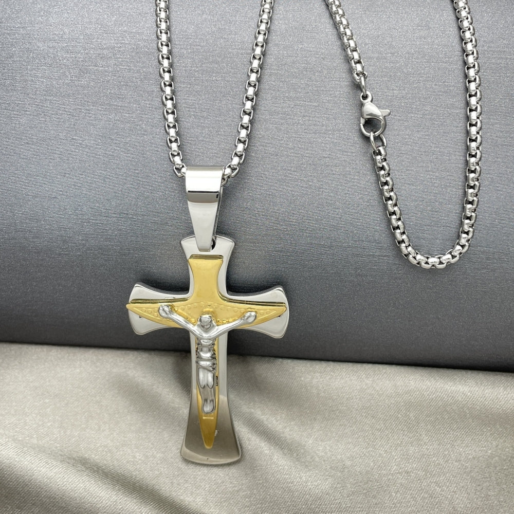 Stainless Steel Pendant Necklace, Crucifix Design, Polished, Two Tone