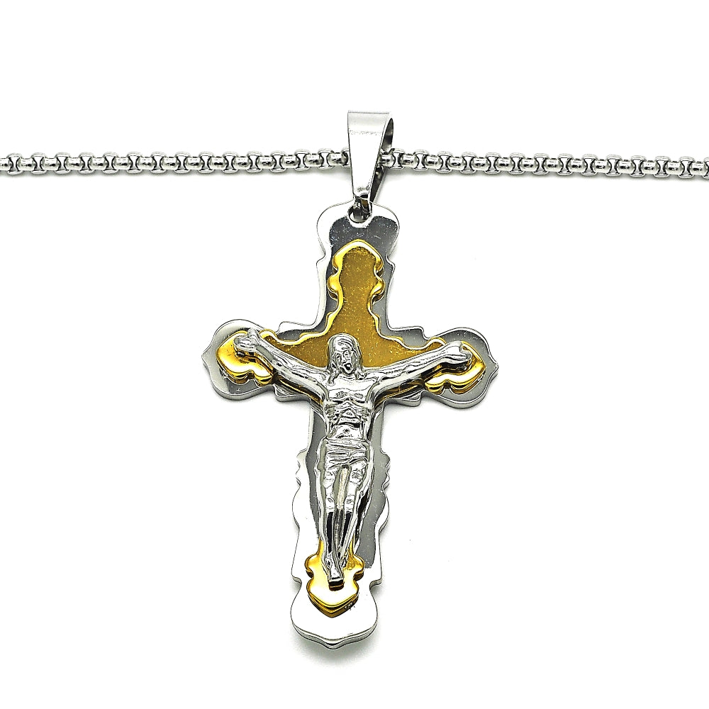 Stainless Steel Pendant Necklace, Crucifix Design, Polished, Two Tone
