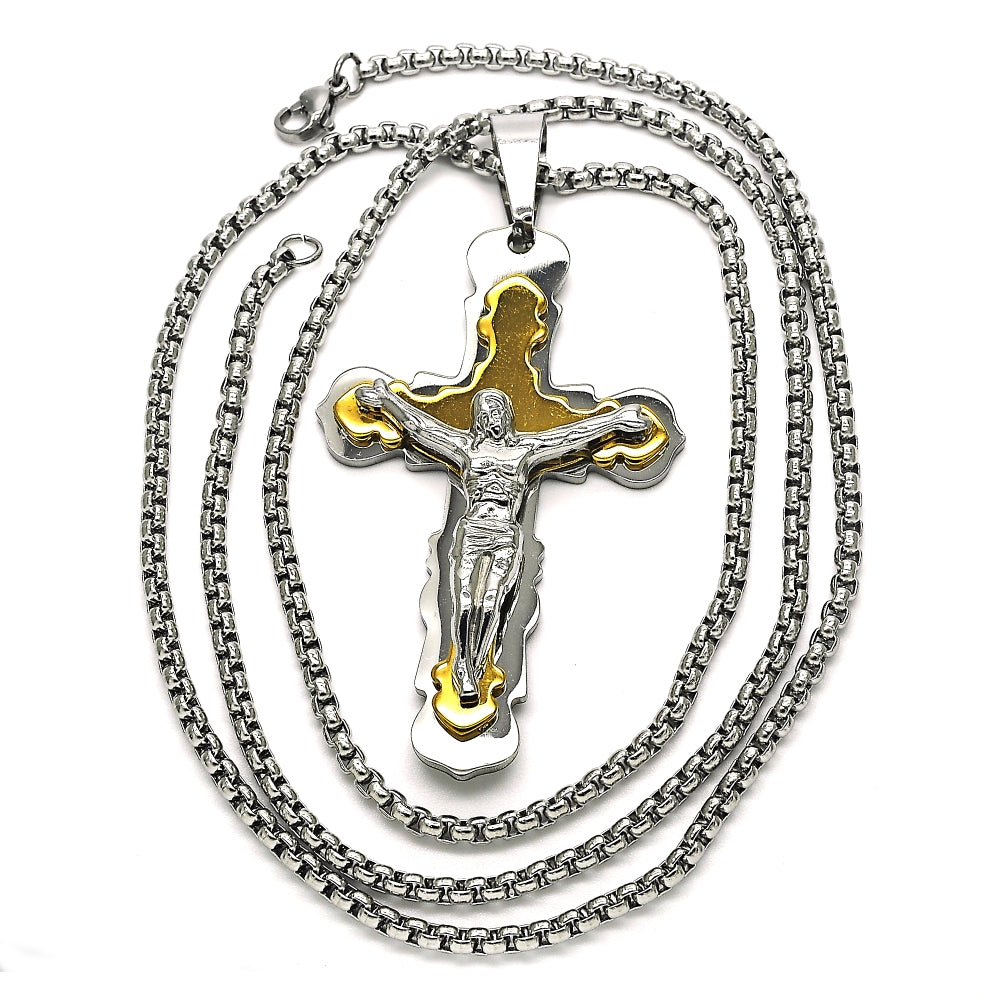 Stainless Steel Pendant Necklace, Crucifix Design, Polished, Two Tone