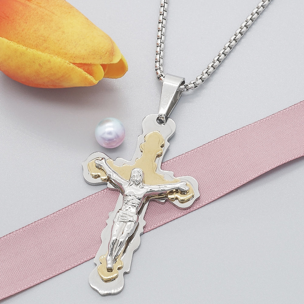 Stainless Steel Pendant Necklace, Crucifix Design, Polished, Two Tone
