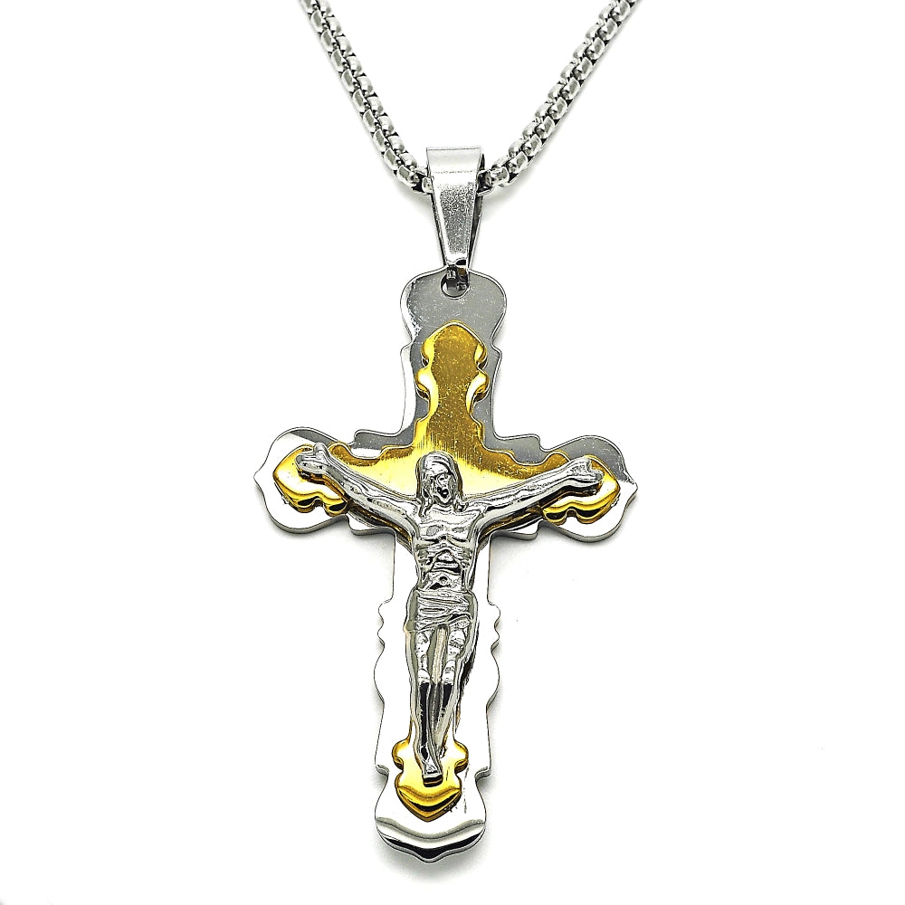 Stainless Steel Pendant Necklace, Crucifix Design, Polished, Two Tone