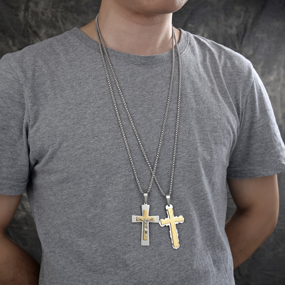 Stainless Steel Pendant Necklace, Crucifix Design, Polished, Two Tone