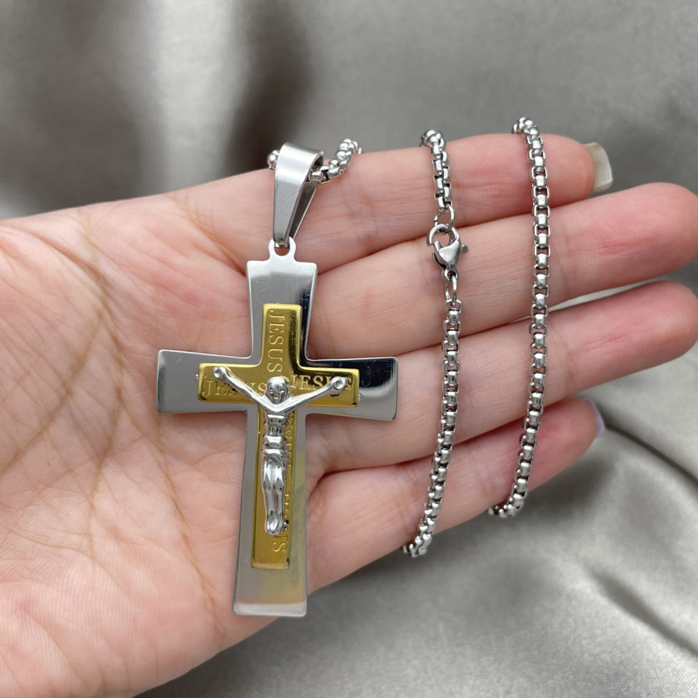 Stainless Steel Pendant Necklace, Crucifix Design, Polished, Two Tone