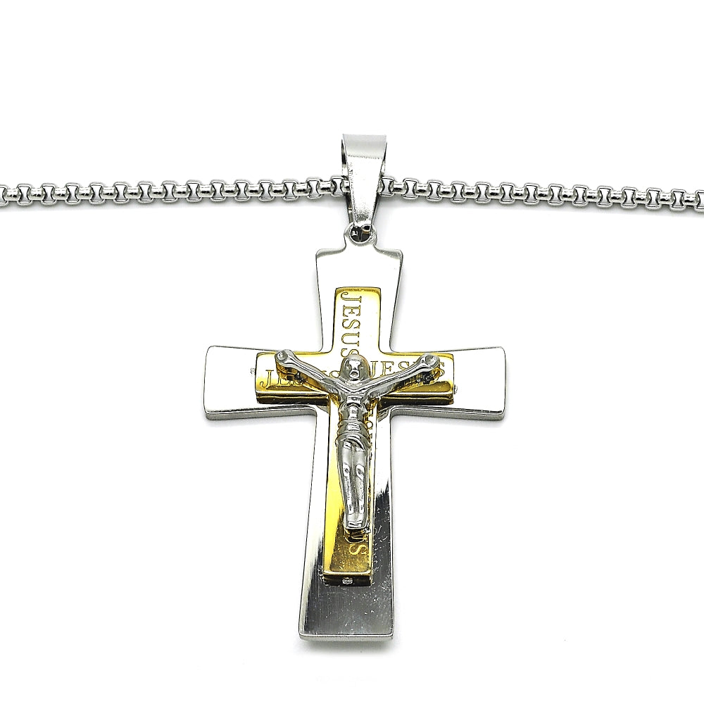 Stainless Steel Pendant Necklace, Crucifix Design, Polished, Two Tone