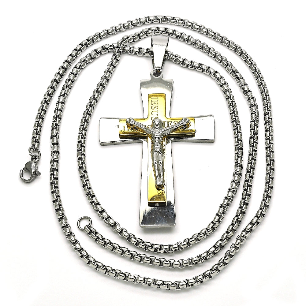 Stainless Steel Pendant Necklace, Crucifix Design, Polished, Two Tone