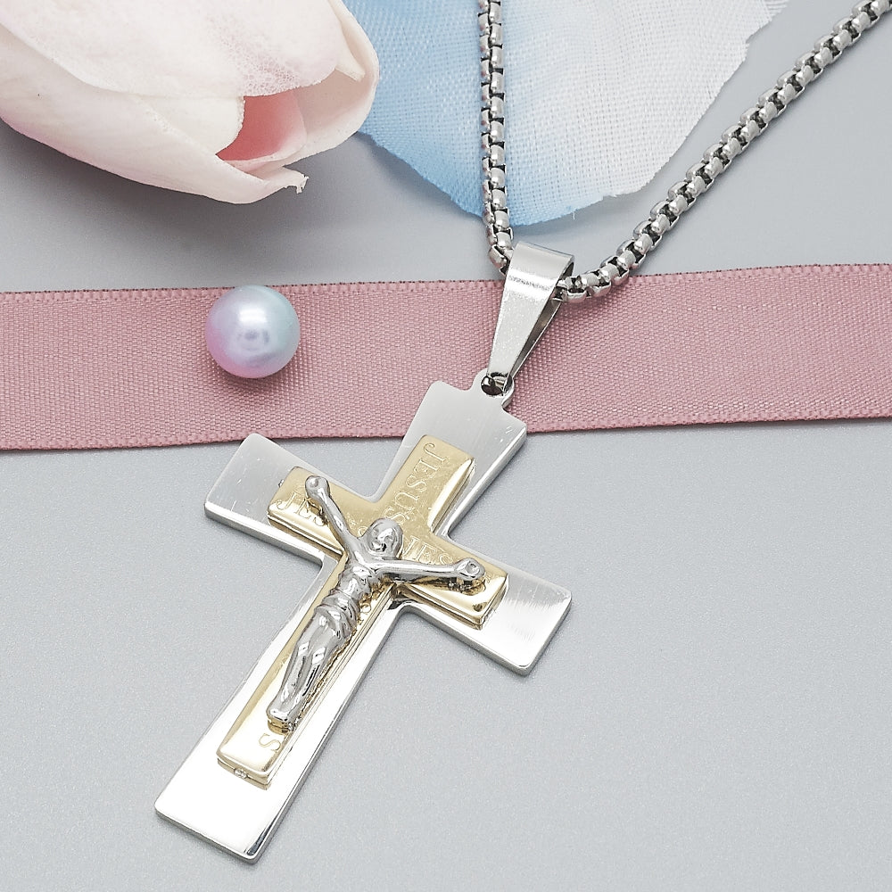 Stainless Steel Pendant Necklace, Crucifix Design, Polished, Two Tone