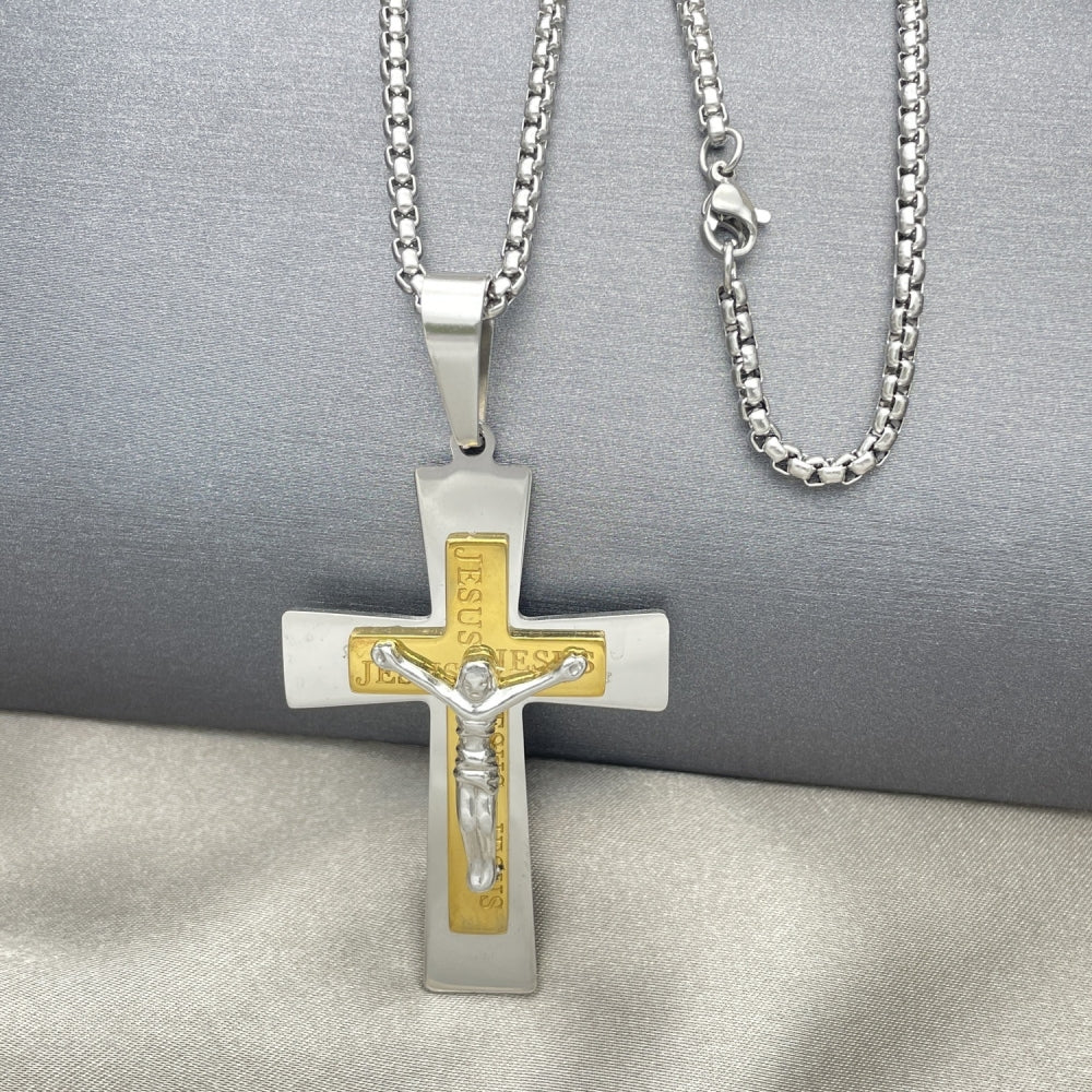 Stainless Steel Pendant Necklace, Crucifix Design, Polished, Two Tone