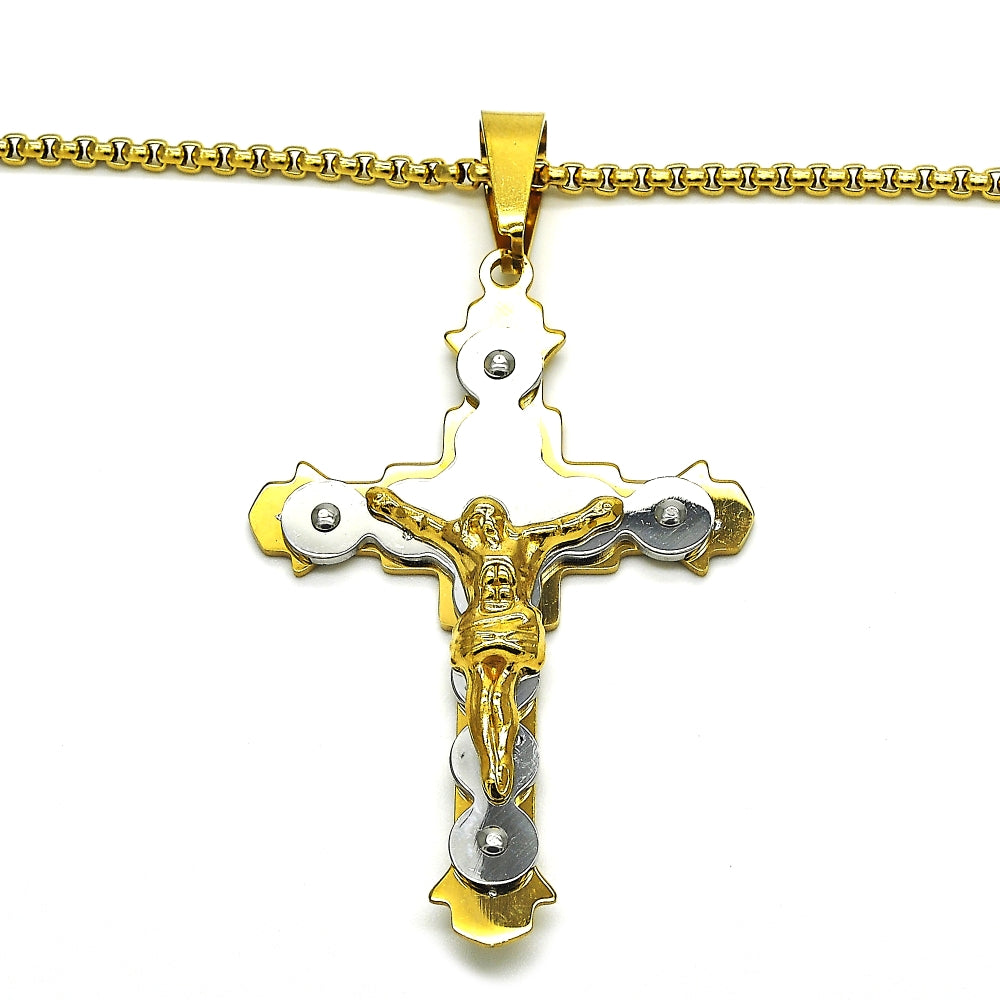 Stainless Steel Pendant Necklace, Crucifix Design, Polished, Two Tone