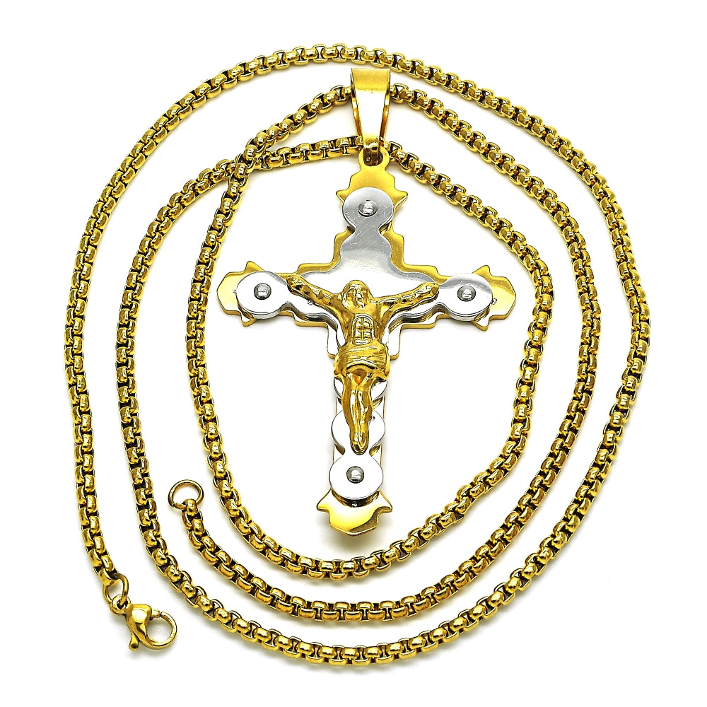 Stainless Steel Pendant Necklace, Crucifix Design, Polished, Two Tone