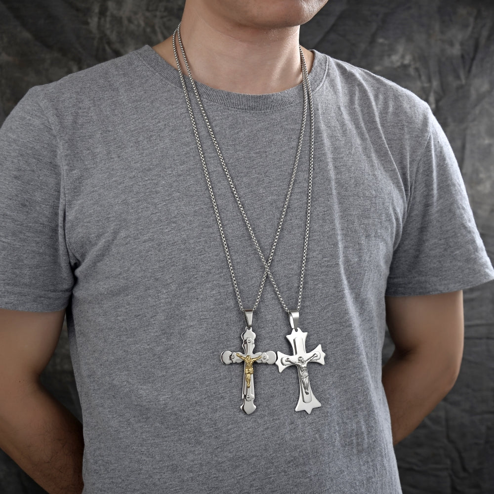 Stainless Steel Pendant Necklace, Crucifix Design, Polished, Steel Finish
