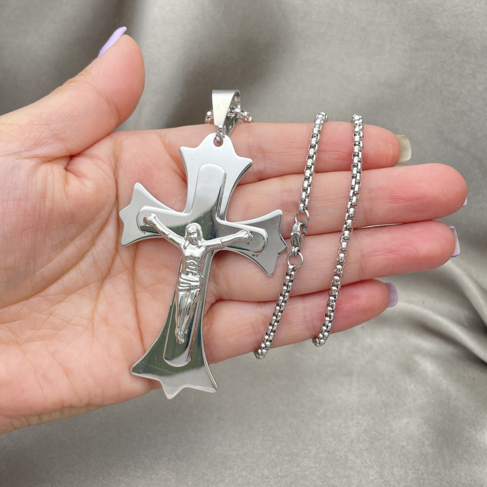 Stainless Steel Pendant Necklace, Crucifix Design, Polished, Steel Finish