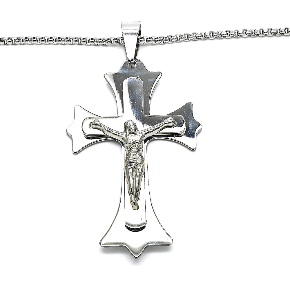 Stainless Steel Pendant Necklace, Crucifix Design, Polished, Steel Finish