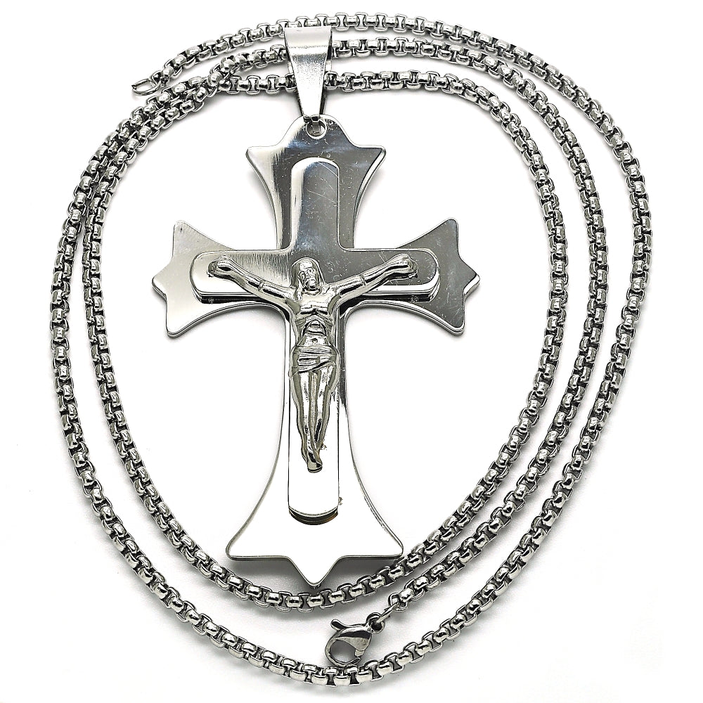 Stainless Steel Pendant Necklace, Crucifix Design, Polished, Steel Finish