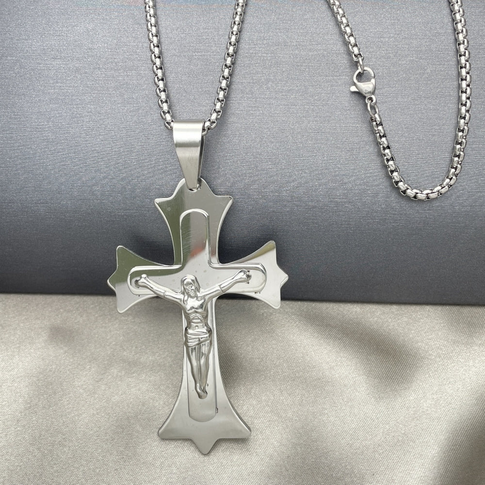 Stainless Steel Pendant Necklace, Crucifix Design, Polished, Steel Finish