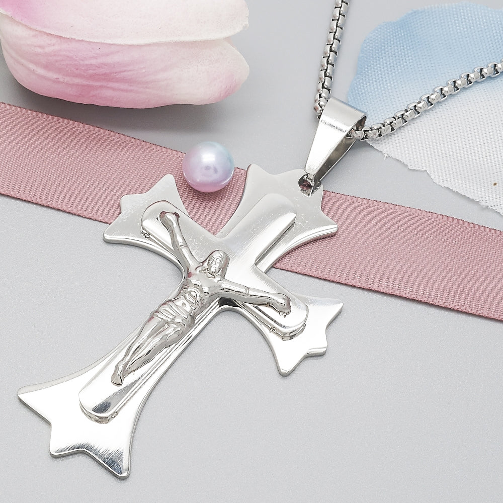 Stainless Steel Pendant Necklace, Crucifix Design, Polished, Steel Finish