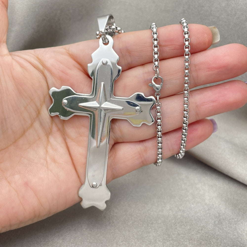 Stainless Steel Pendant Necklace, Cross Design, Polished, Steel Finish