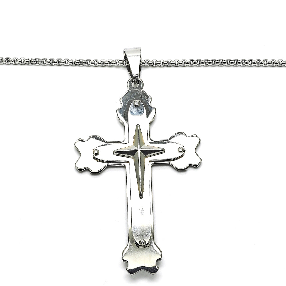 Stainless Steel Pendant Necklace, Cross Design, Polished, Steel Finish