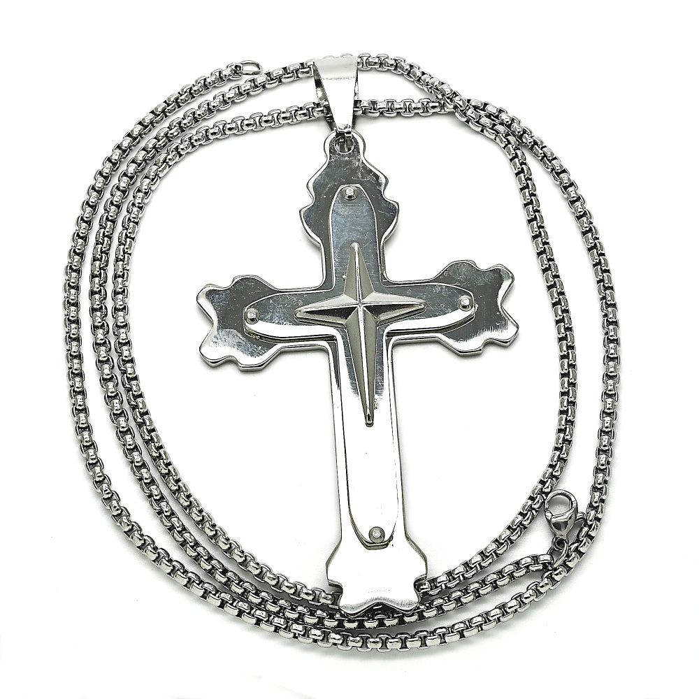 Stainless Steel Pendant Necklace, Cross Design, Polished, Steel Finish