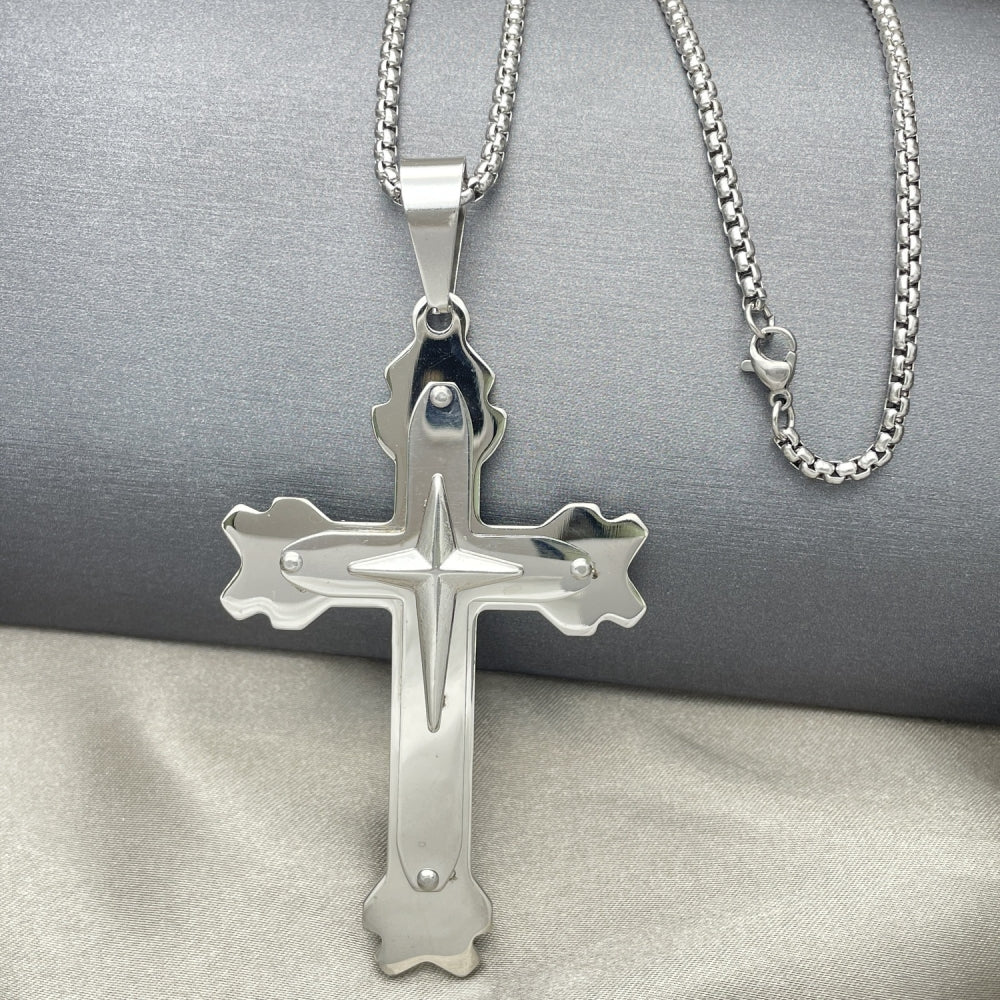 Stainless Steel Pendant Necklace, Cross Design, Polished, Steel Finish