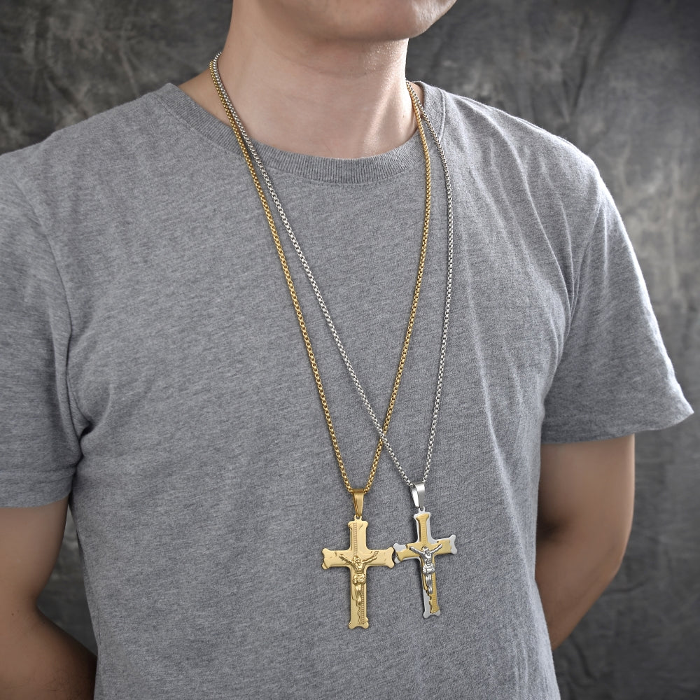 Stainless Steel Pendant Necklace, Crucifix Design, Polished, Two Tone