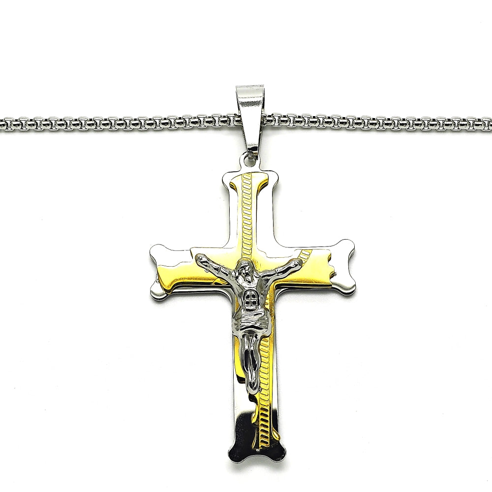Stainless Steel Pendant Necklace, Crucifix Design, Polished, Two Tone