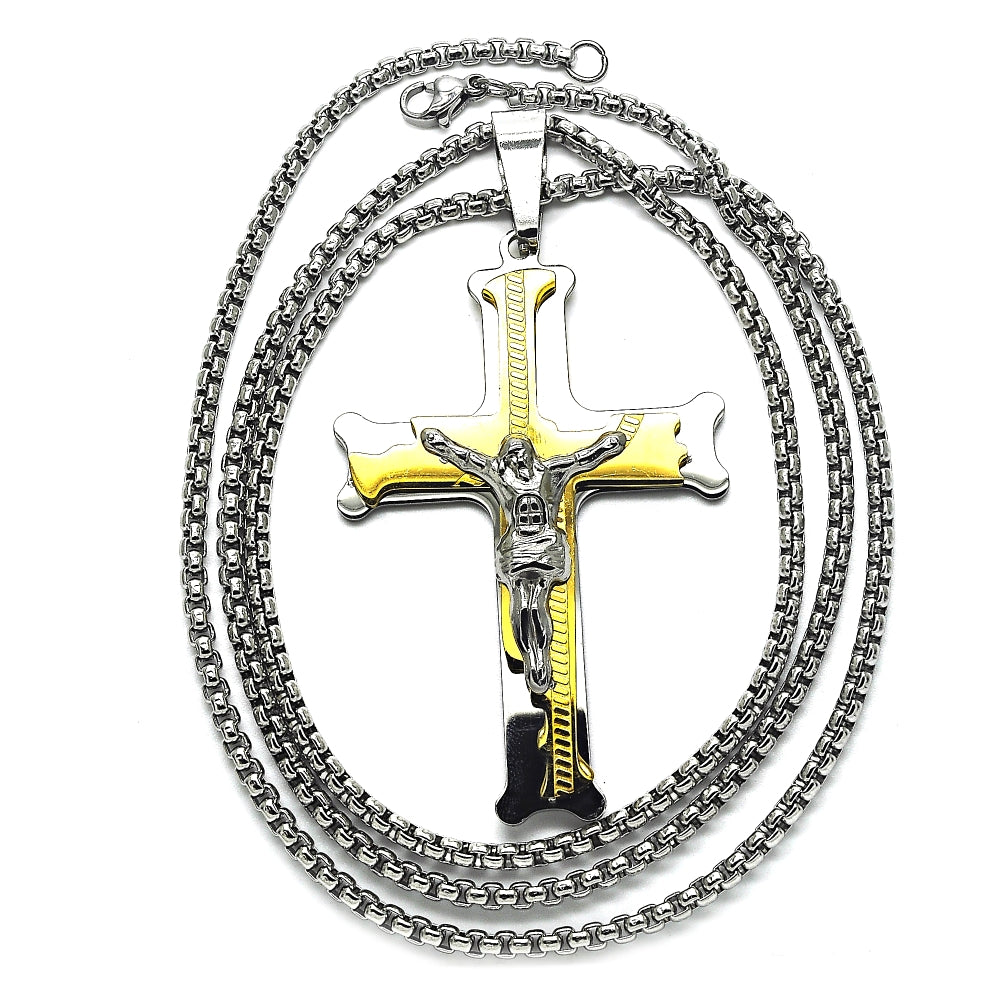 Stainless Steel Pendant Necklace, Crucifix Design, Polished, Two Tone