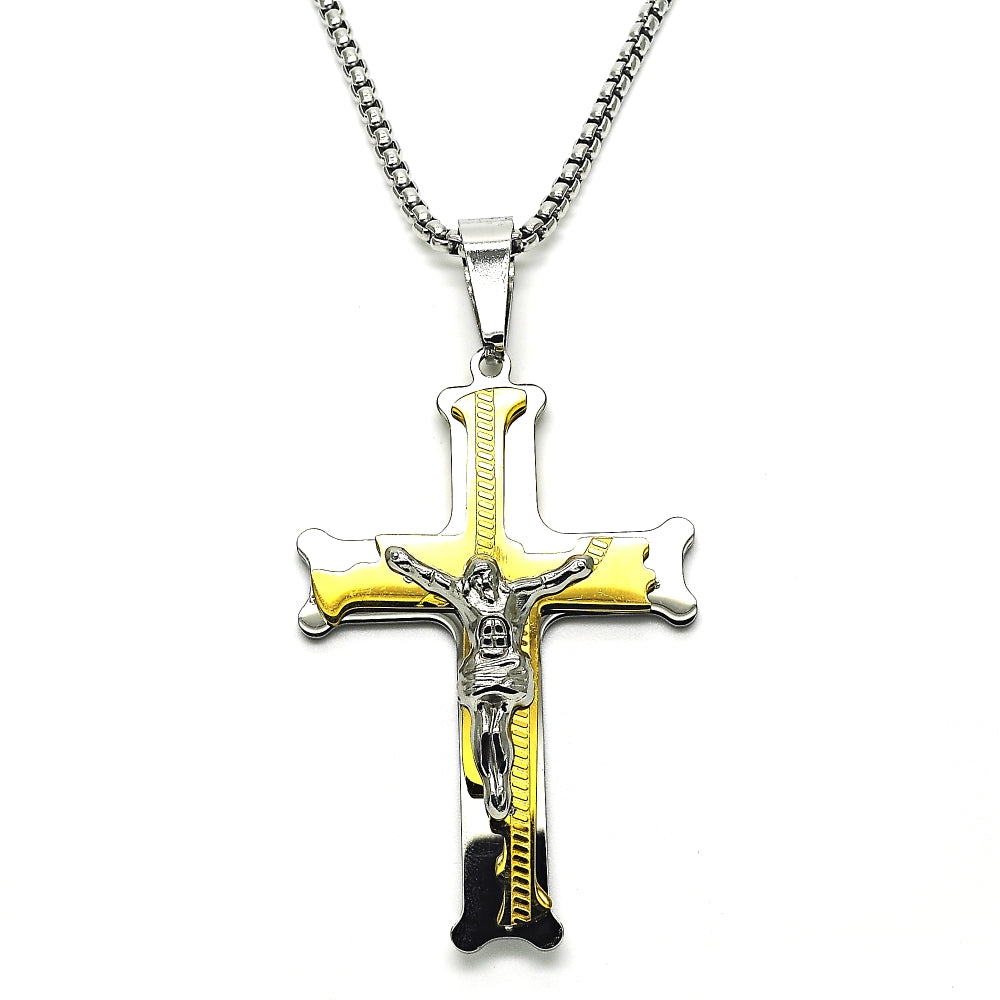 Stainless Steel Pendant Necklace, Crucifix Design, Polished, Two Tone