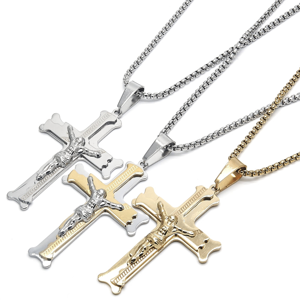 Stainless Steel Pendant Necklace, Crucifix Design, Polished, Two Tone
