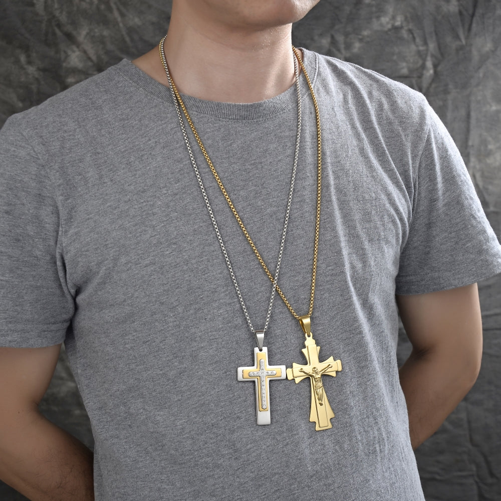 Stainless Steel Pendant Necklace, Cross Design, with White Cubic Zirconia, Polished, Two Tone